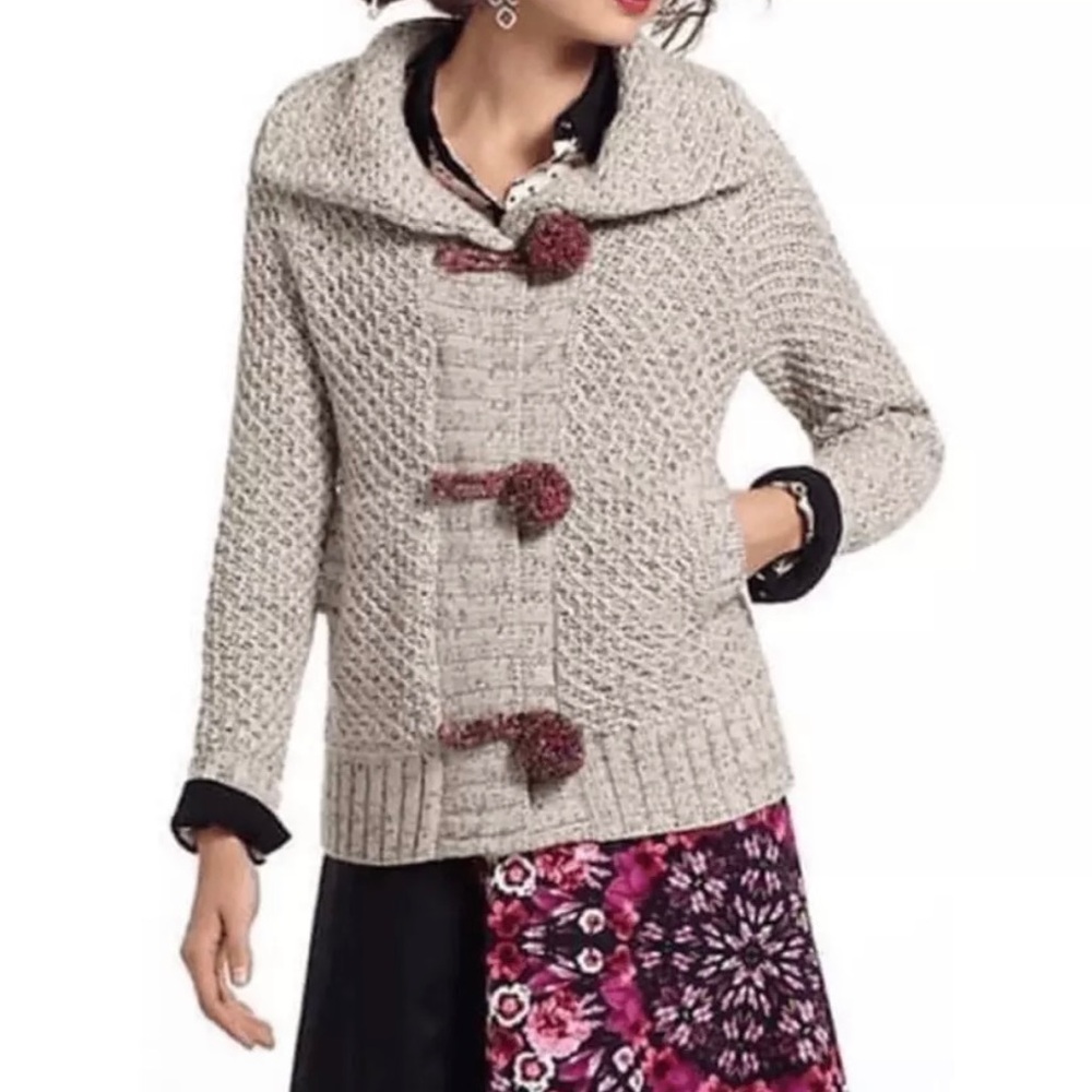 Anthropologie HWR Tan Chunky Knit MorMor Pom Pom Cardigan Women's Size Large EUC